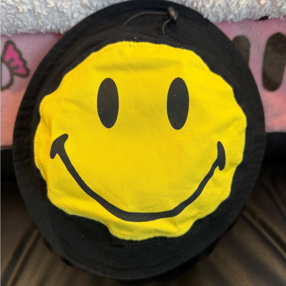 Black Bucket Hat with Yellow Smiley Face